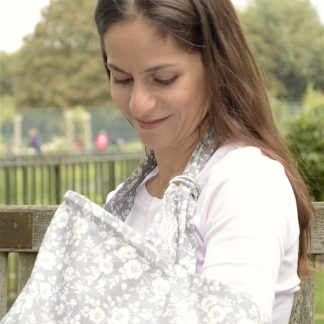 Breastfeeding cover up nursing apron scarf poncho shawl - grey with white flowers - model